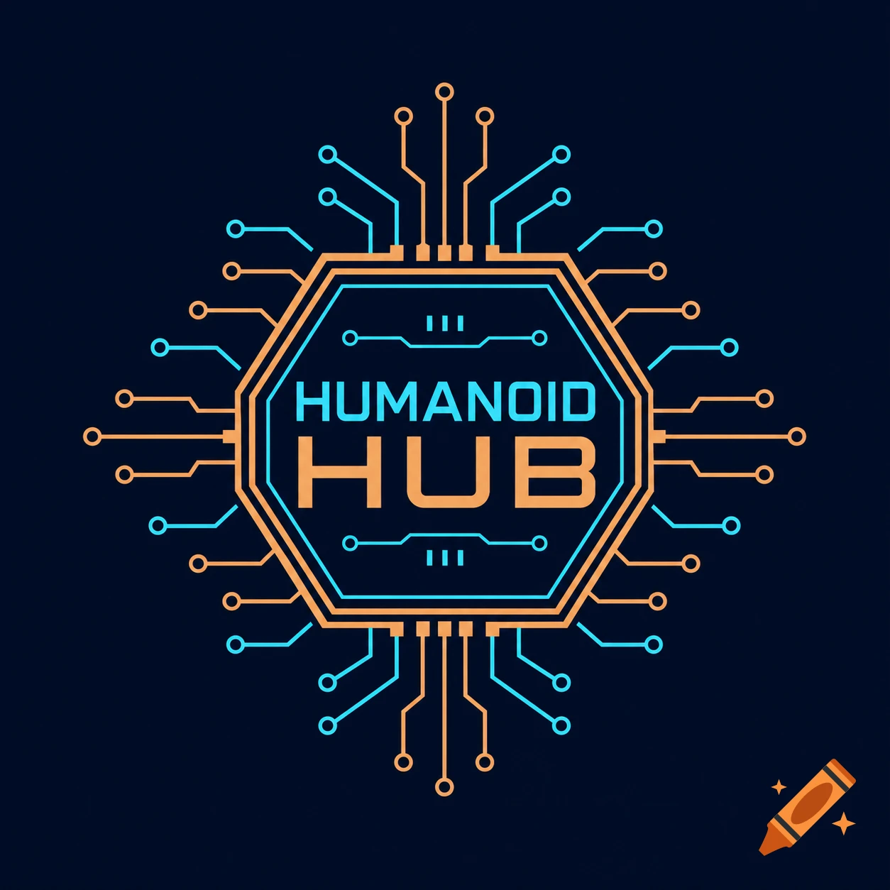 A vector logo with 'HUMANOID HUB' in the center of an orange hexagon, surrounded by blue and orange circuit board traces on a dark navy background.