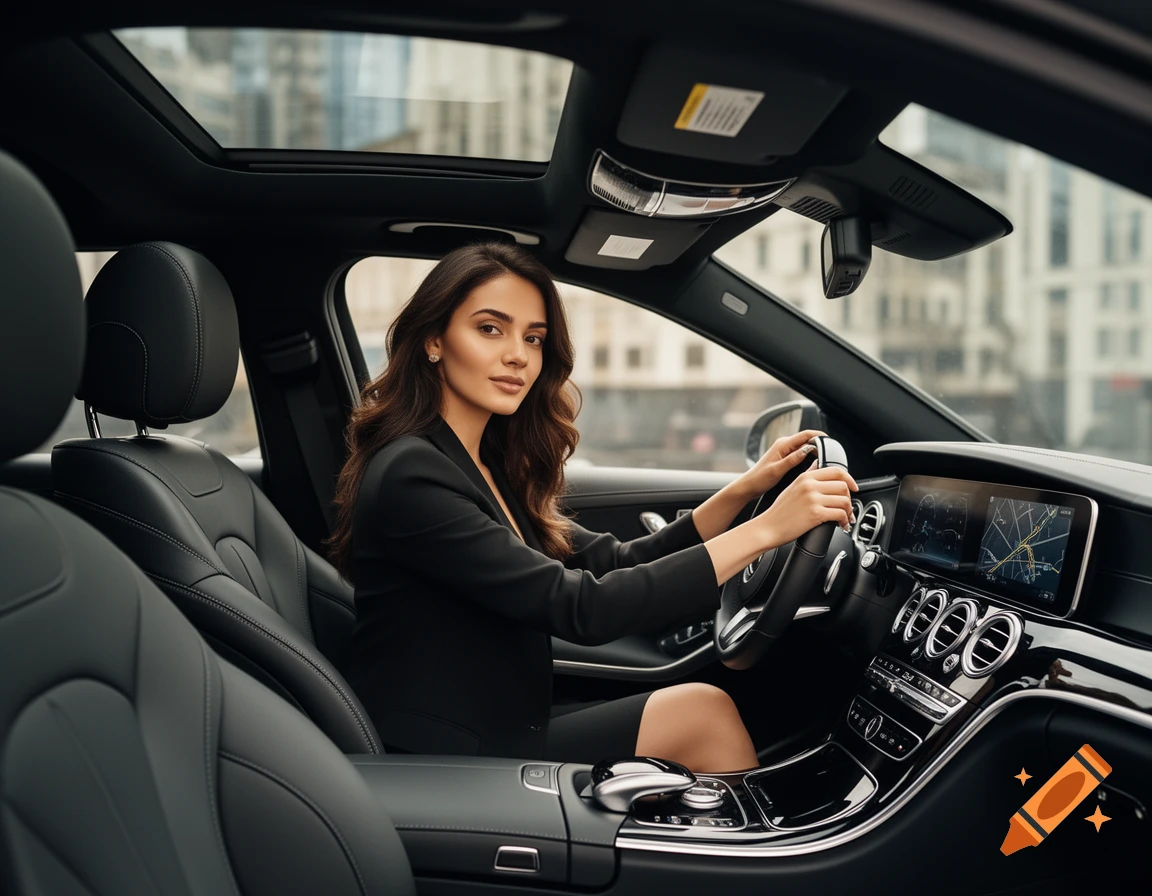 A stylish woman in a black blazer sits in the driver's seat of a luxury car, looking at the viewer.
