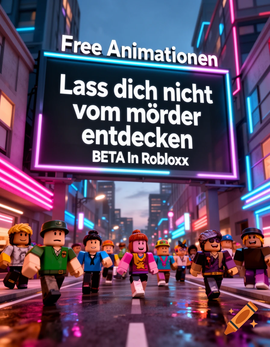 Roblox-style characters walk on a wet city street at dusk with neon lights. A large billboard reads 'Free Animationen Lass dich nicht vom mörder entdecken BETA In Robloxx'.
