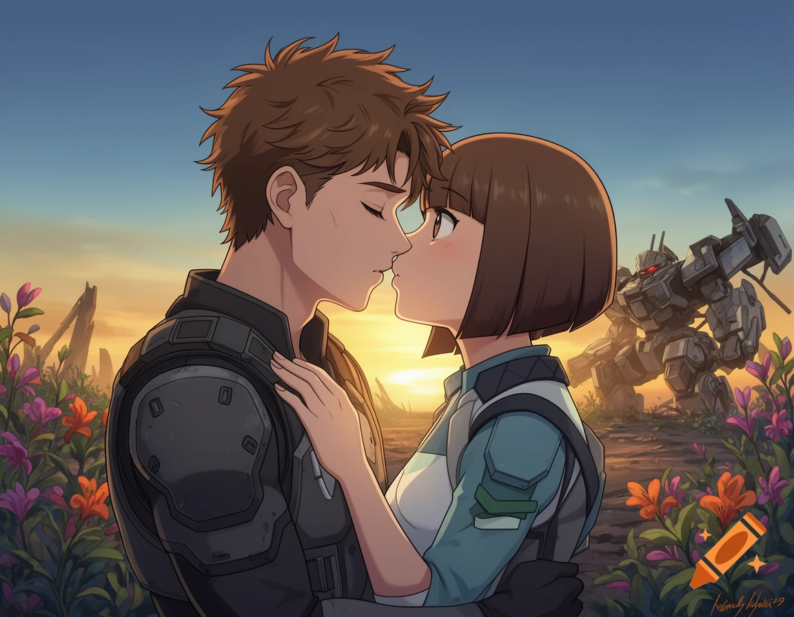 An anime couple kisses at sunset in a field of flowers, with a large mecha standing in the background.