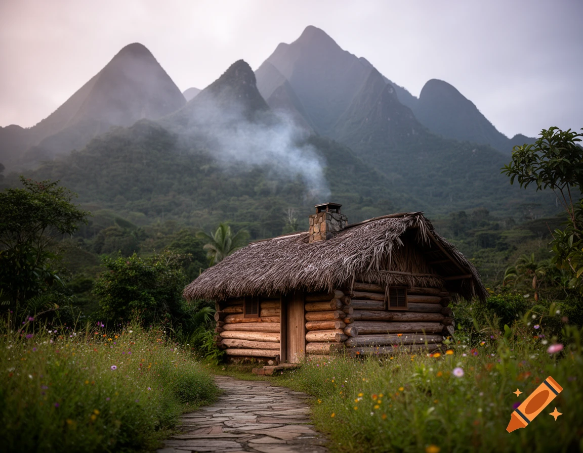 A log hut with a thatched roof and smoke from its chimney, nestled in a vibrant field with wildflowers, against misty Honduran mountains.