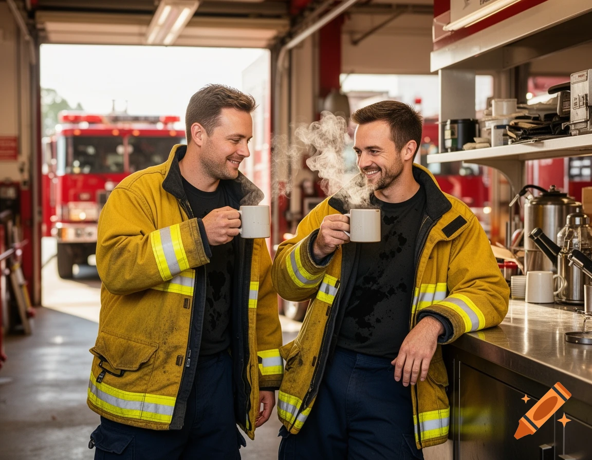 A photorealistic image of two male firefighters in yellow jackets smiling and drinking steaming coffee in a fire station with a red truck in the background.