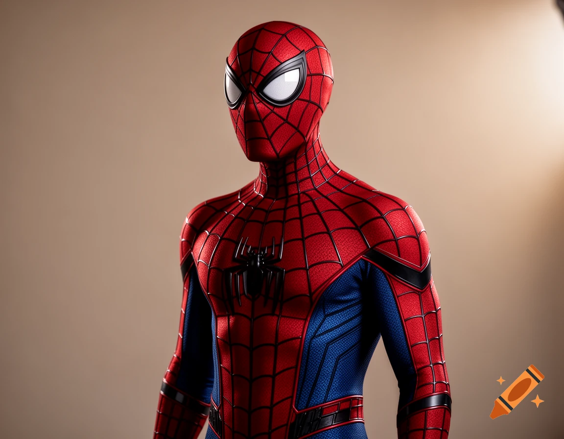 A detailed, photorealistic close-up of Spider-Man's red and blue suit with black webbing and a black spider emblem.