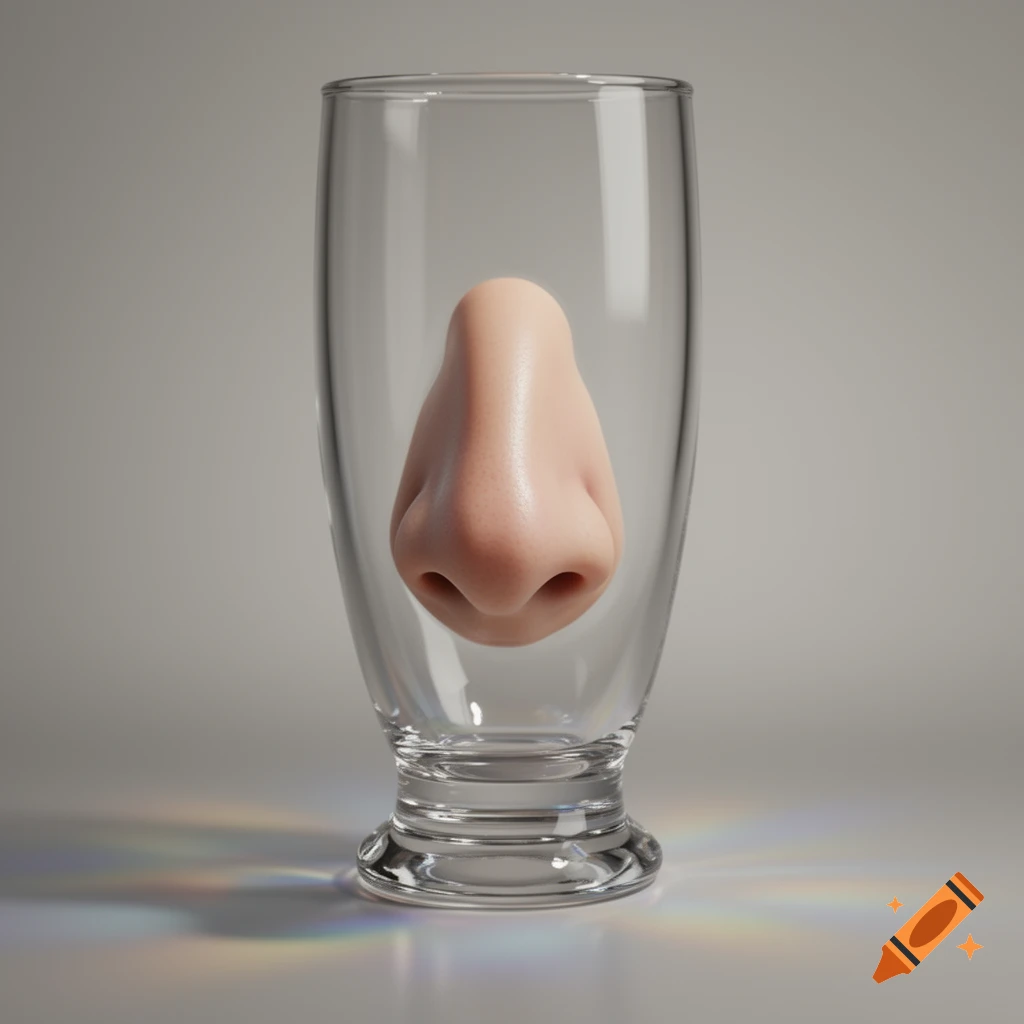 A realistic human nose is placed inside a clear glass on a light background.