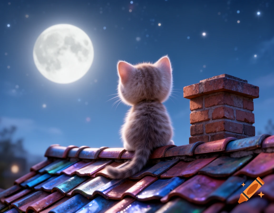 A fluffy 3D rendered kitten sits on a colorful tiled roof next to a chimney, looking at a bright full moon and stars in the night sky.