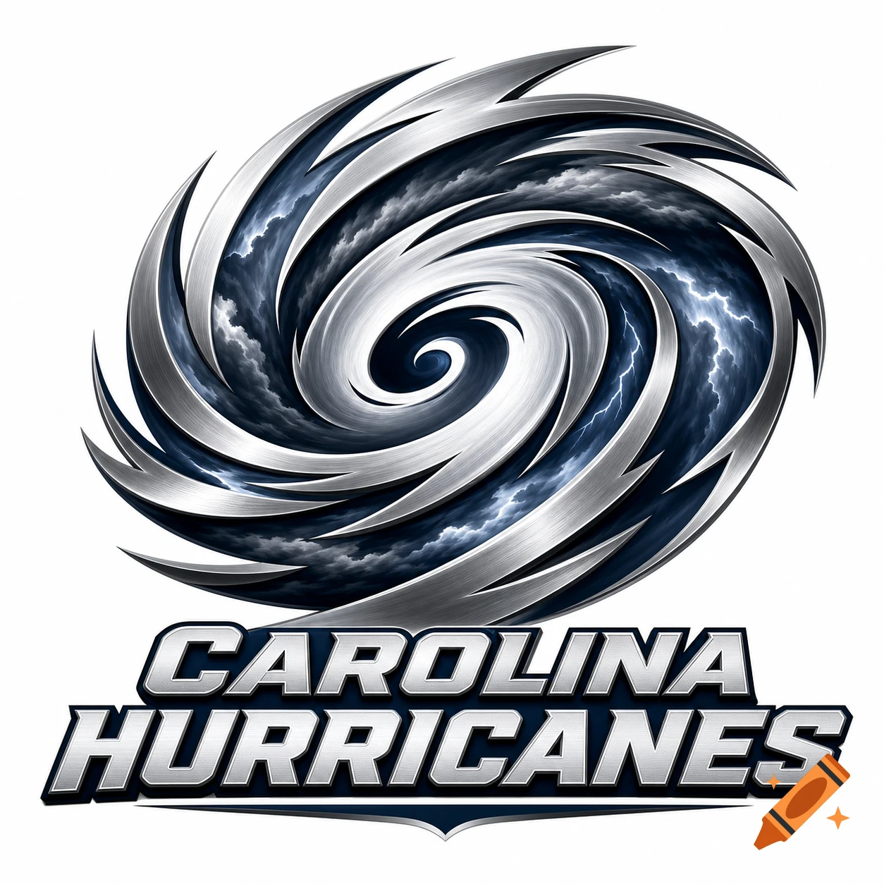 Stylized silver hurricane logo with dark storm clouds and lightning, with the text 'Carolina Hurricanes' below it.