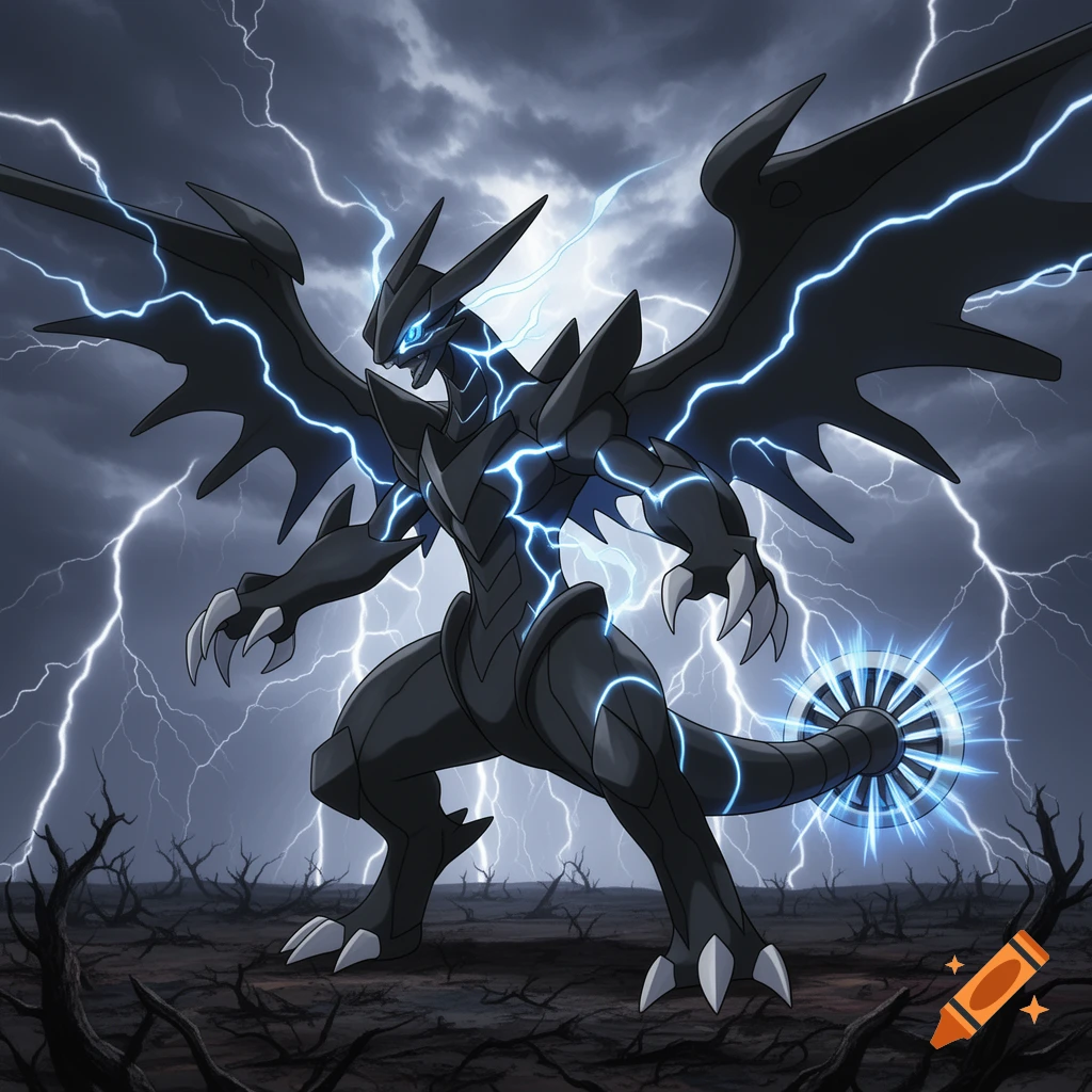 A powerful black dragon-like Pokémon, Zekrom, crackles with blue lightning against a stormy, lightning-filled sky and desolate ground.