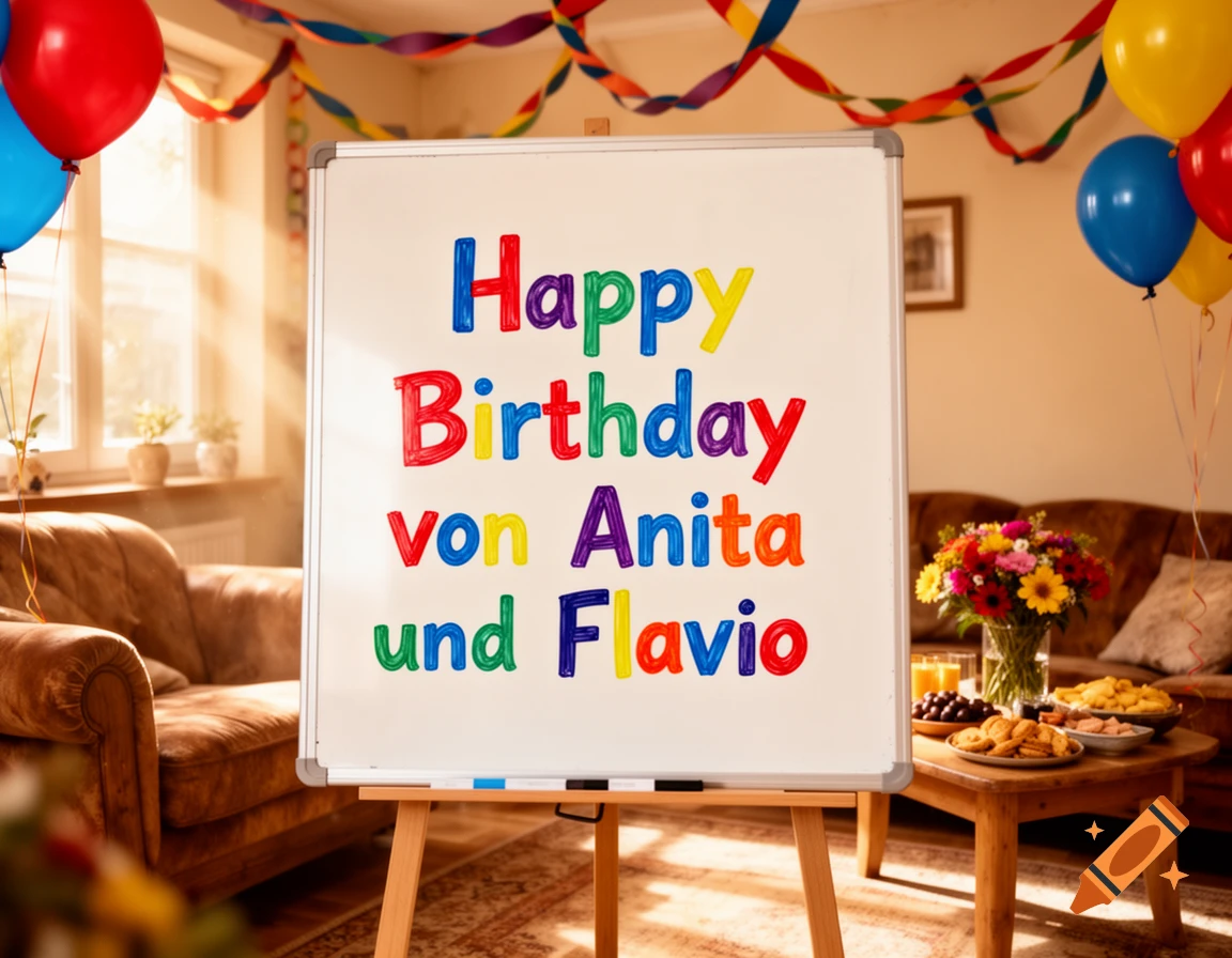 A whiteboard with "Happy Birthday von Anita und Flavio" in a decorated room with balloons, a couch, and snacks.