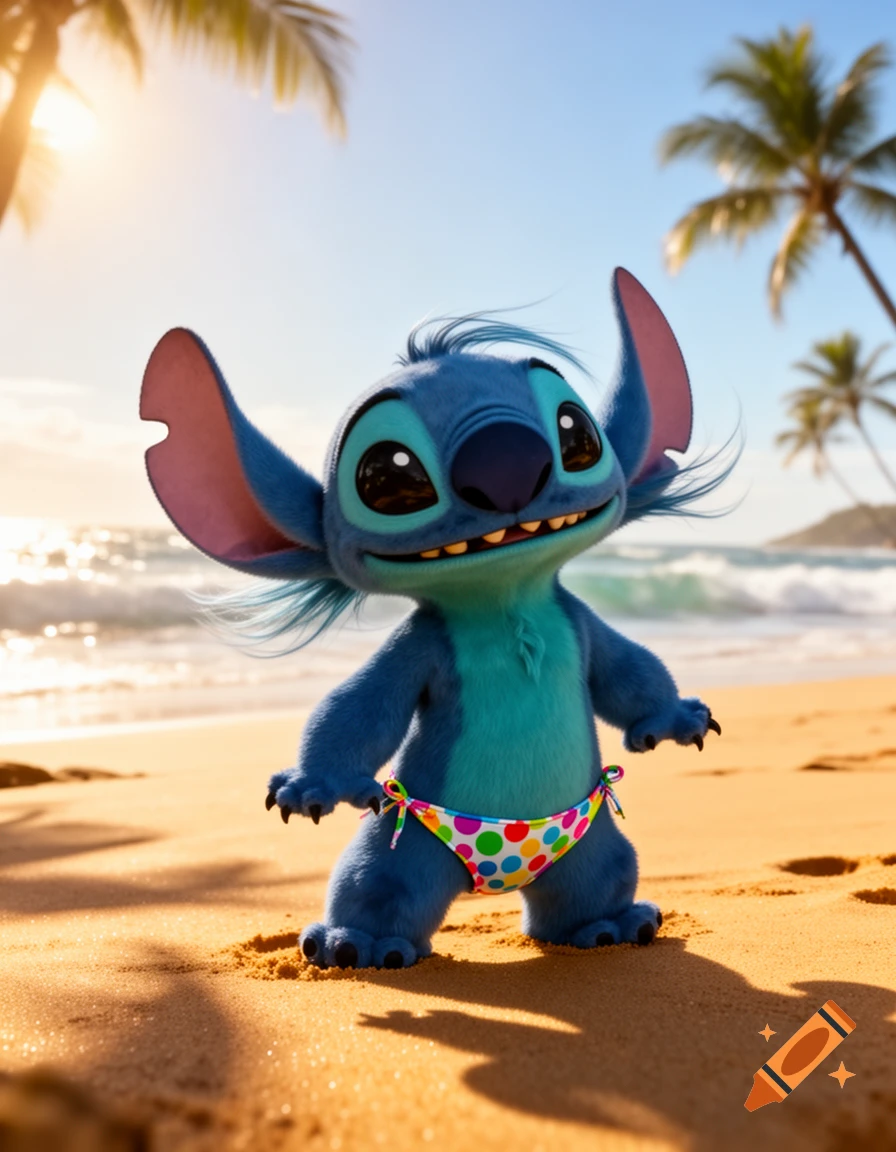 Stitch, the blue alien, grins on a sunny beach, wearing a colorful polka-dot bikini. Photorealistic.