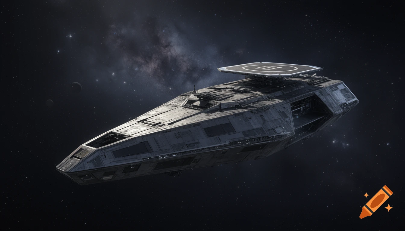 A large, dark grey space battleship with a flat landing pad on top, against a backdrop of distant stars and planets.