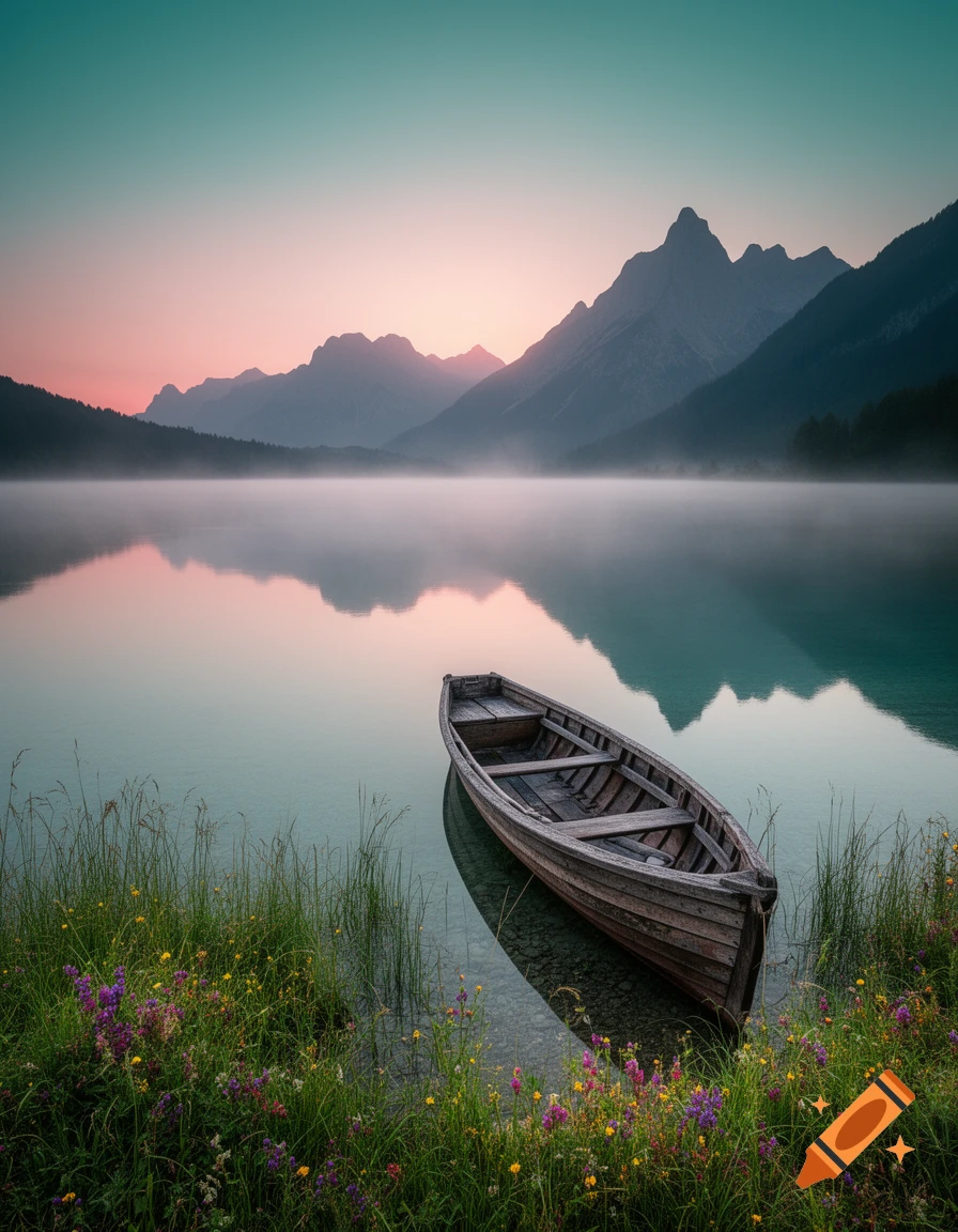 A wooden rowboat rests on a misty lake reflecting mountains and a vibrant sunrise/sunset sky, with wildflowers in the foreground.