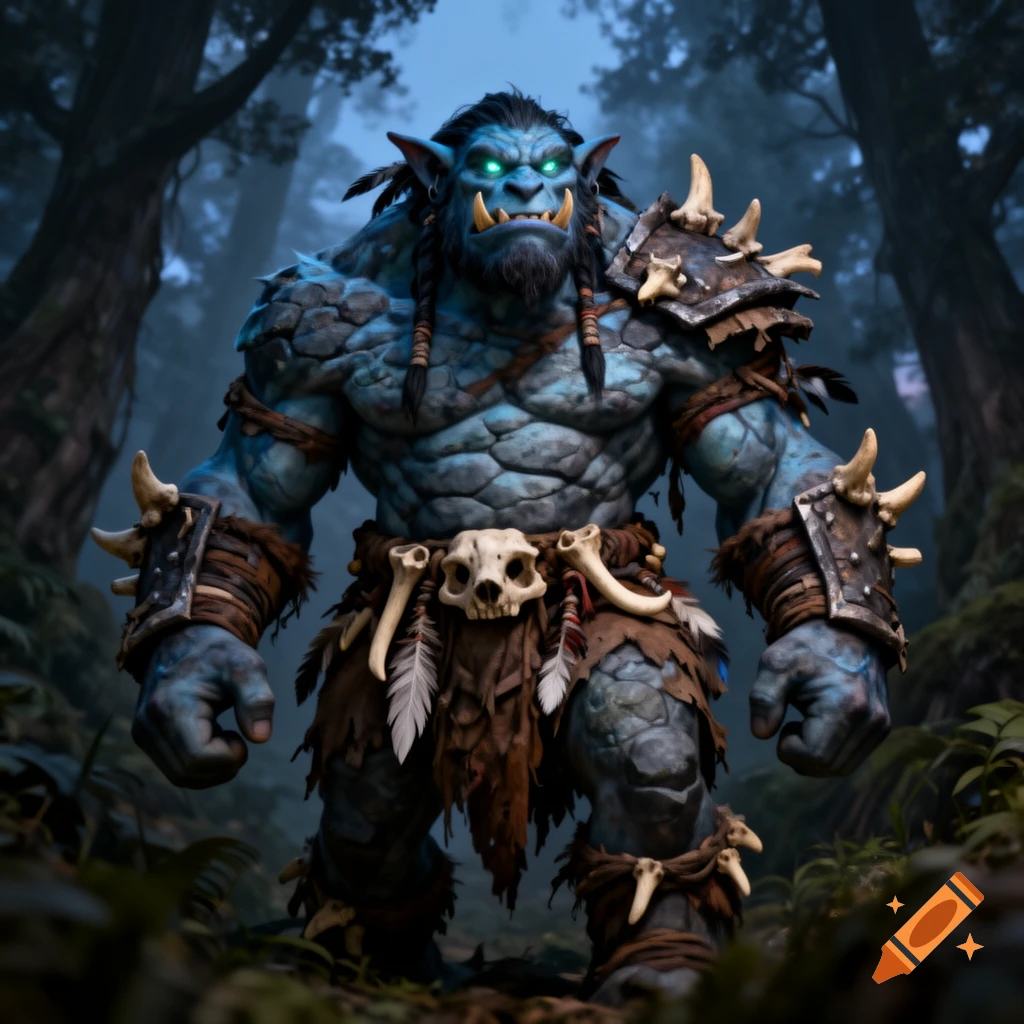 A formidable blue-skinned troll-like creature with glowing eyes and tribal armor stands in a dark, misty forest.