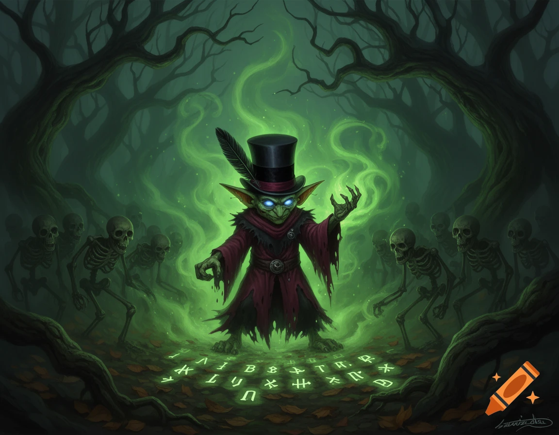 A goblin necromancer in a top hat and red robes stands in a dark, misty forest, surrounded by green magical energy and animated skeletons. Glowing runes are on the ground before him.