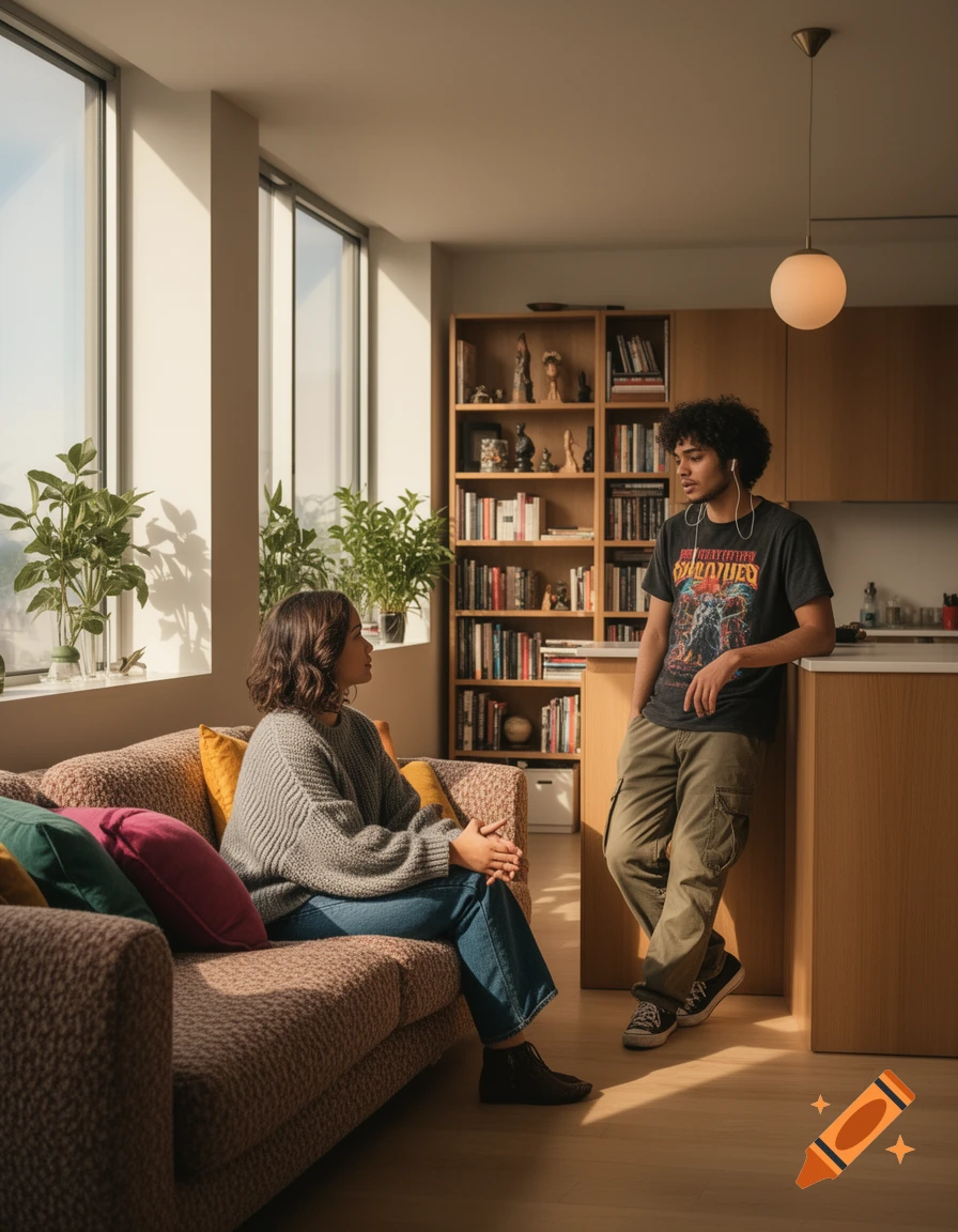 Two young roommates in a sunny, modern living room, one sitting on a sofa, the other leaning against a counter.