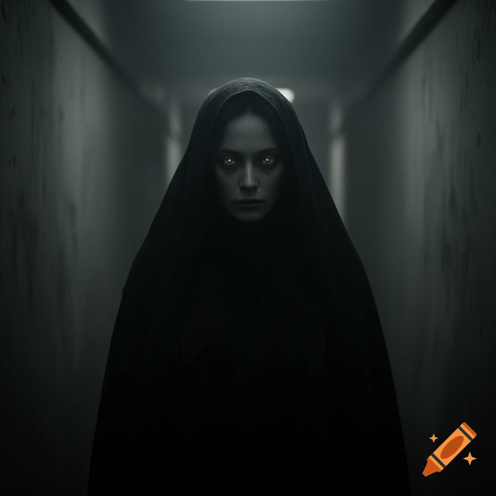 A woman with glowing white eyes and a stern expression stands in a dark hooded cloak in an eerie, dimly lit corridor, photorealistic.