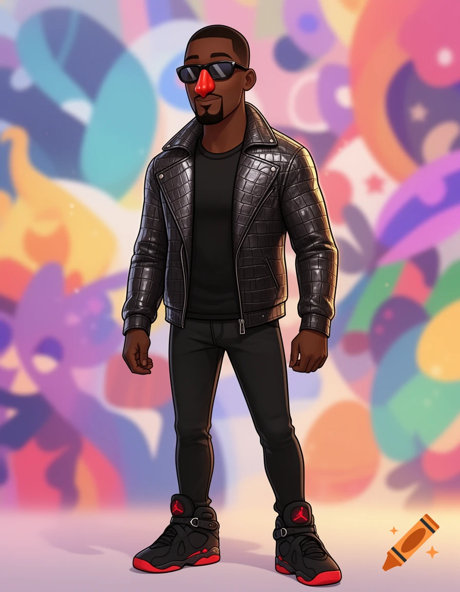 A cartoon black man with a red bell pepper-shaped nose, dark sunglasses, and a thin beard. He wears a black gator-skinned jacket, black shirt, black jeans, and black and red Jordan 8 shoes.