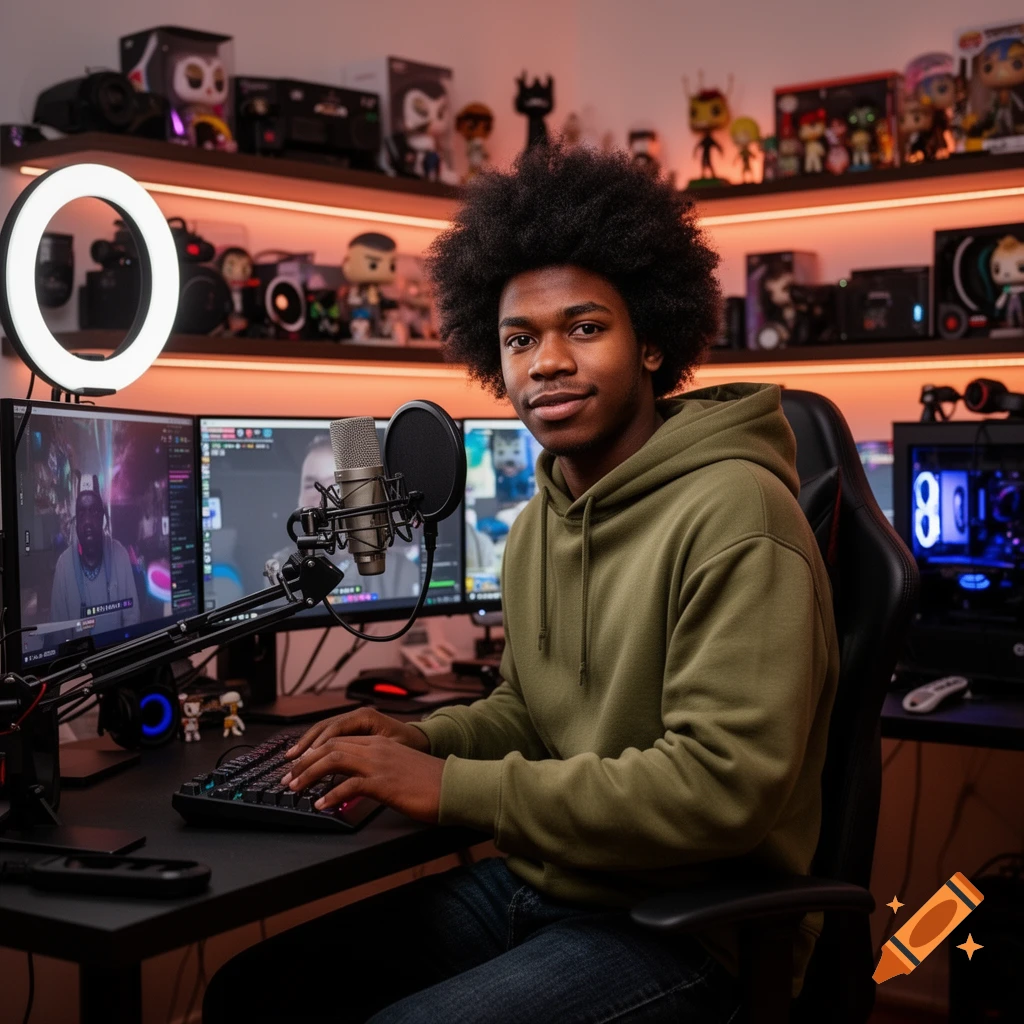 Young Black man with an afro in a green hoodie, smiling at a gaming/streaming setup with multiple monitors and a microphone.