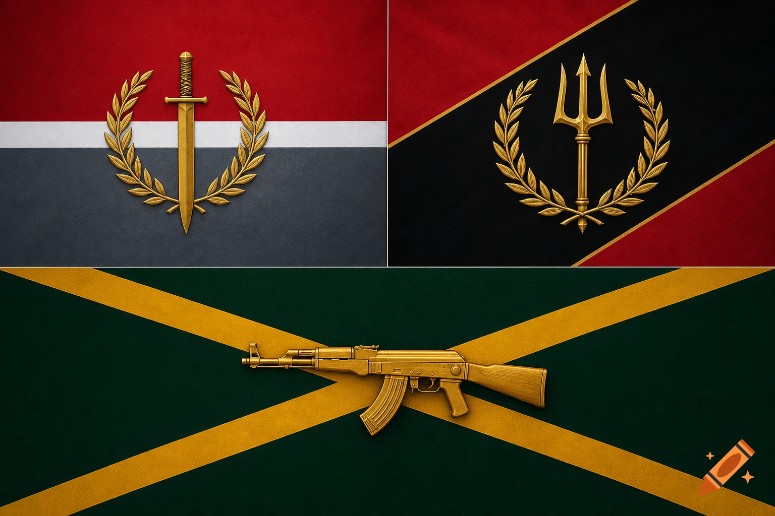 Three distinct flag-like designs, each featuring a golden emblem: a sword, a trident, and an AK-47 rifle.