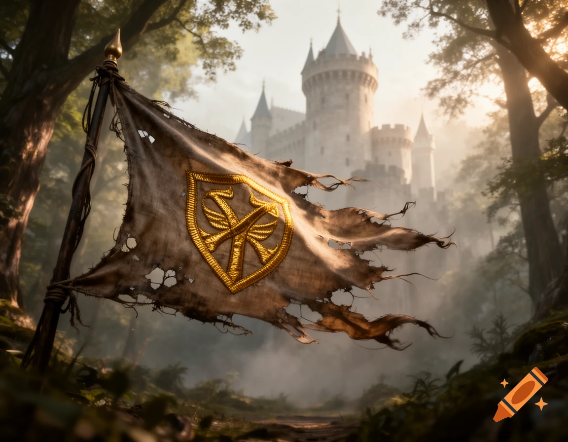 A close-up of a tattered, weathered flag with a golden symbol, planted in a misty forest path leading to a distant castle.
