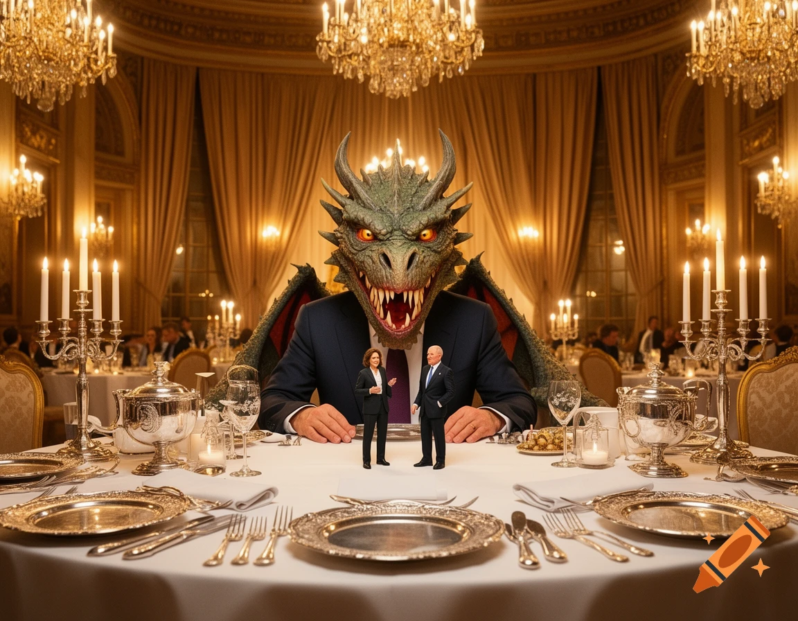 A large, green dragon-headed figure in a suit sits at a lavish dinner table in a grand ballroom, with two tiny human figures standing on the table.