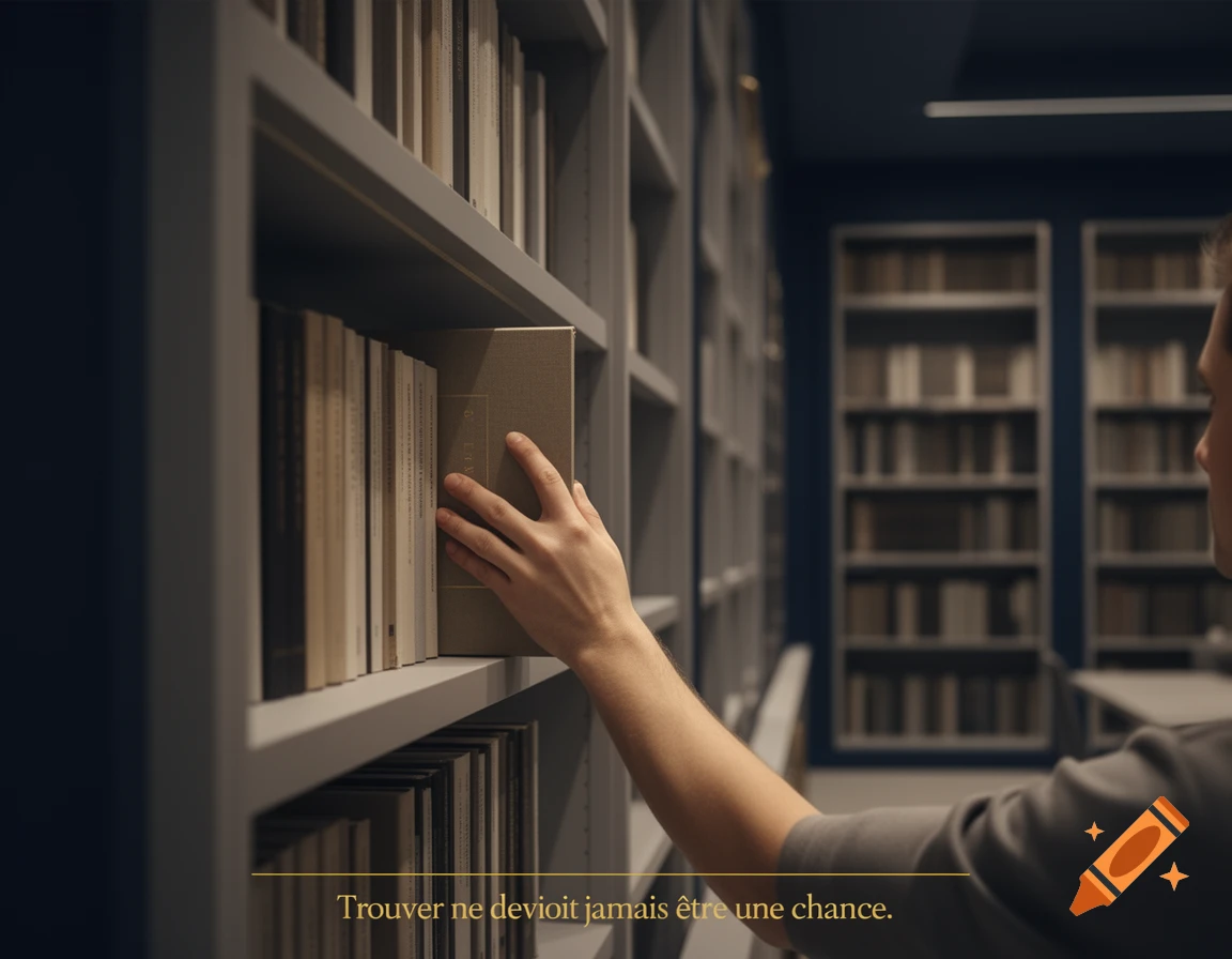 A person's hand reaching for a book on a shelf in a modern, well-organized library with an overlay text.