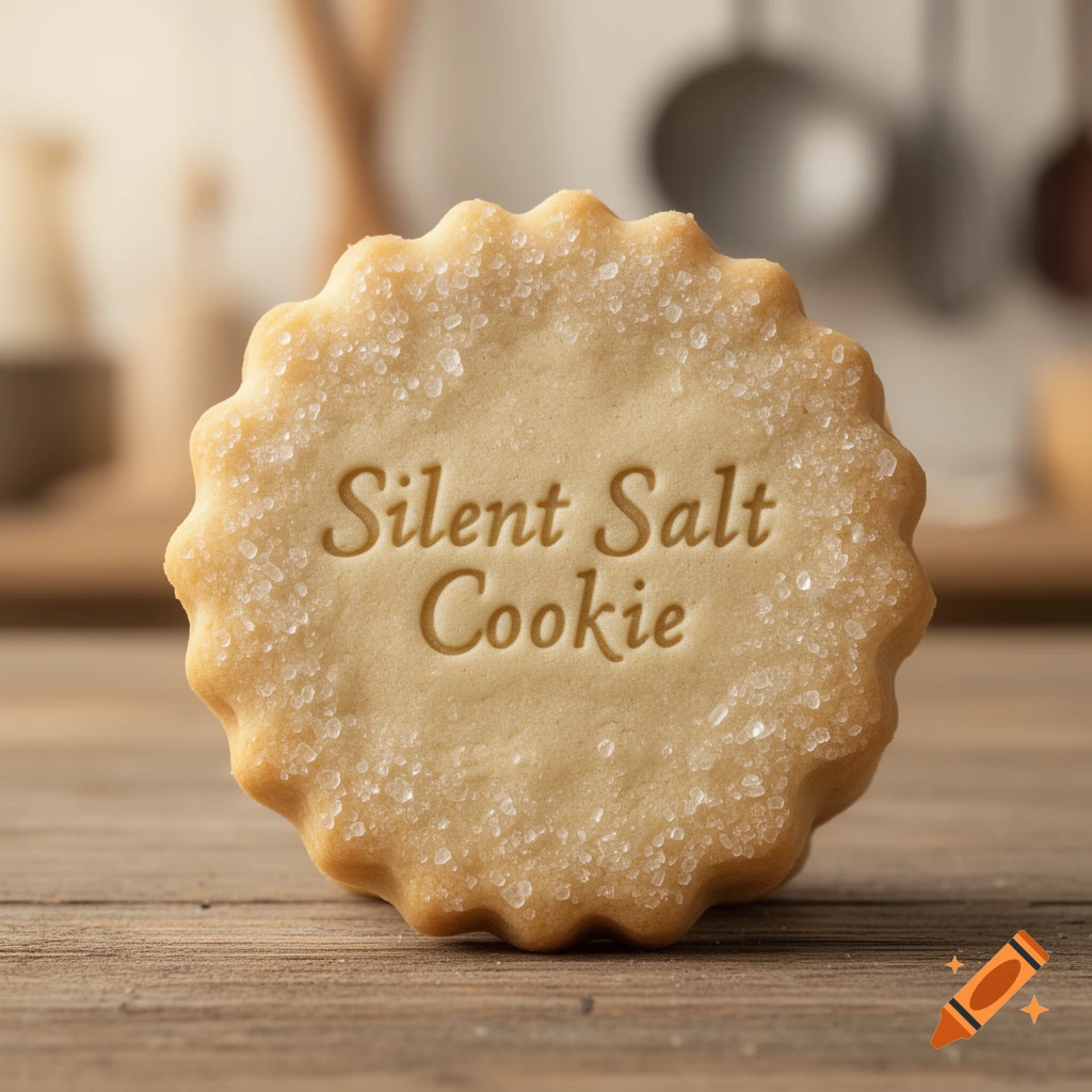 A close-up of a round, scalloped sugar cookie with 'Silent Salt Cookie' embossed on it, sprinkled with sugar, on a wooden surface.