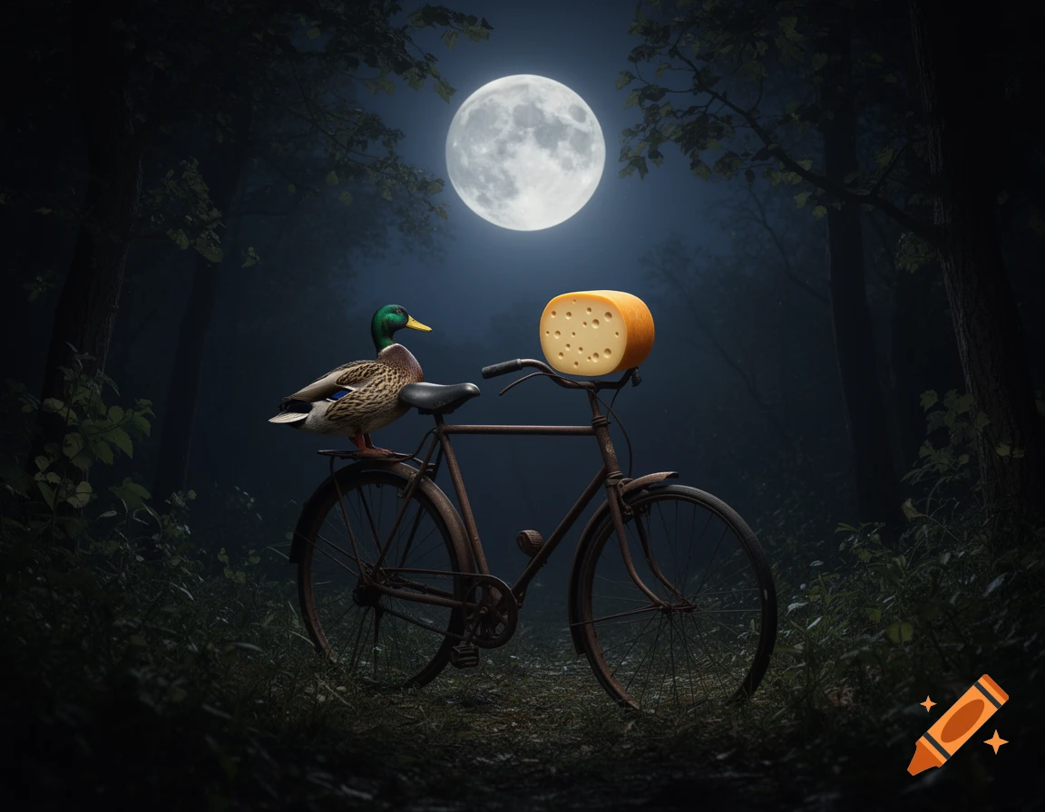 A mallard duck sits on a rusty bicycle's seat, a wheel of cheese on the handlebars, beneath a bright full moon in a dark, atmospheric forest.