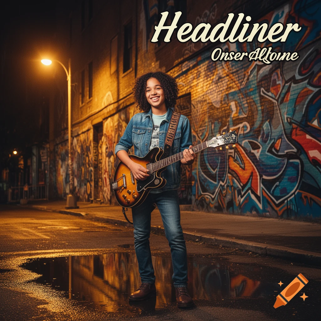 A smiling young person with curly hair plays an electric guitar at night in an alley with a graffiti wall, album title "Headliner" above.