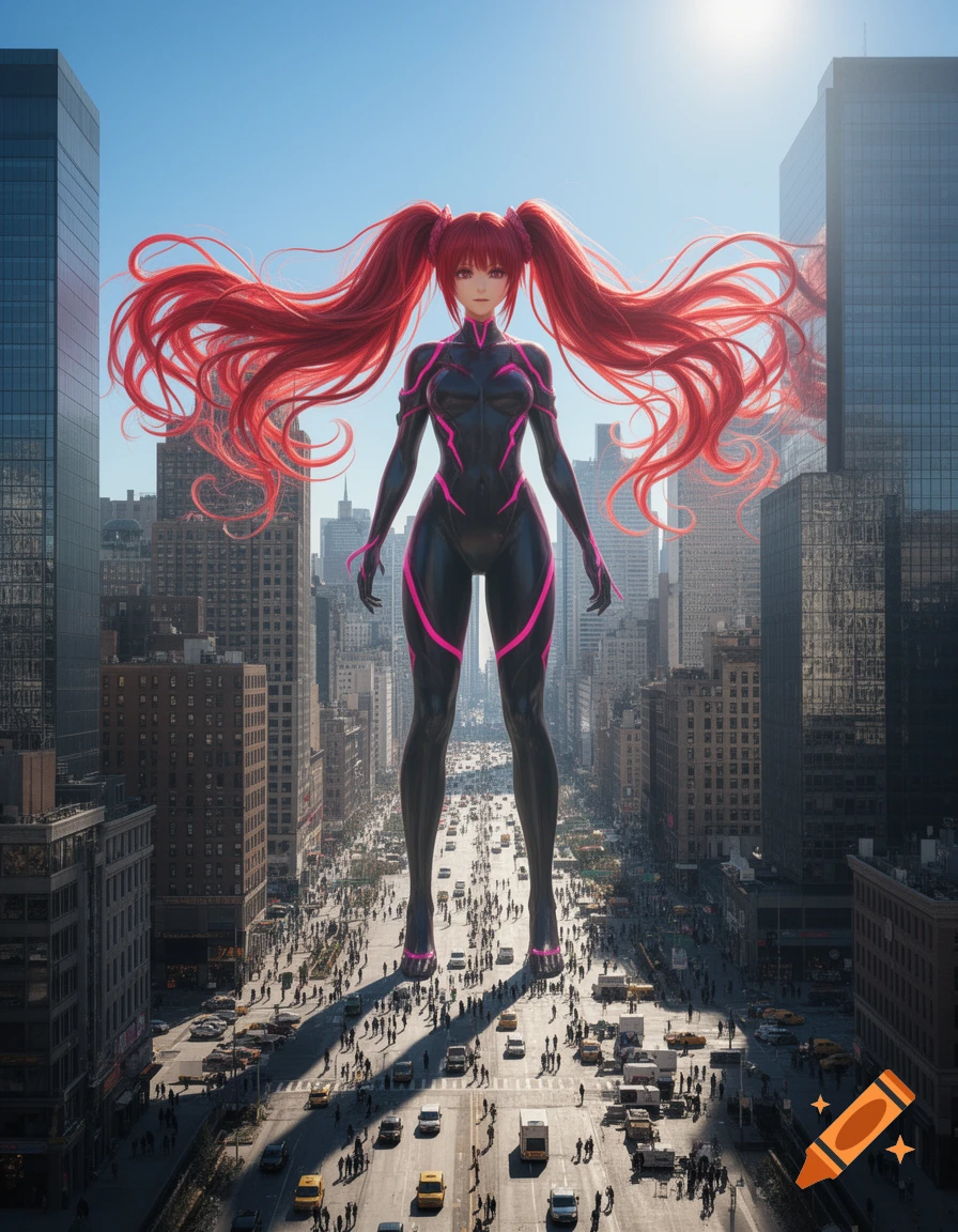 A giant anime woman with red pigtails in a black and pink suit stands in a bustling city, dwarfing skyscrapers and people.