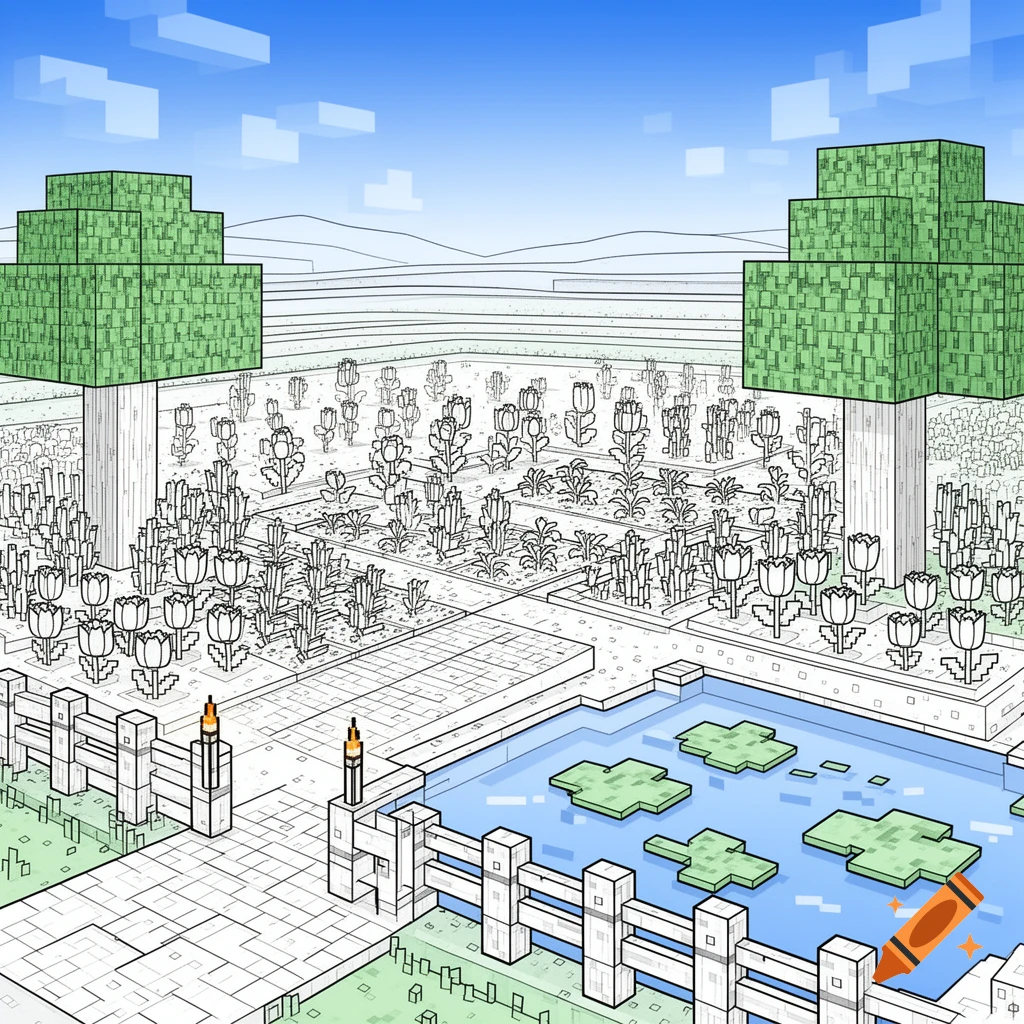A Minecraft-style coloring page featuring a blocky garden with two trees, flowerbeds, a pond with lily pads, and a white fence.