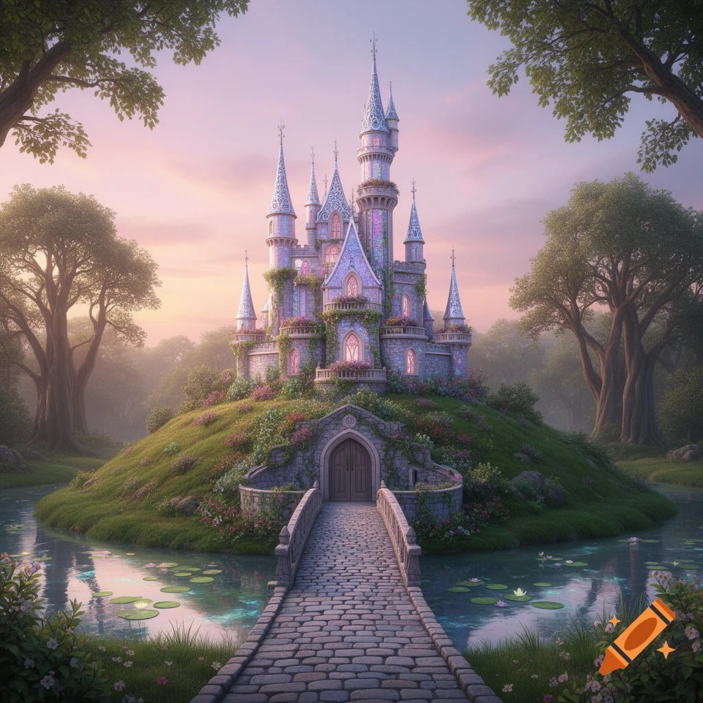 A whimsical fairy castle with glowing windows on a grassy hill, connected by a stone bridge over a pond, at sunset.