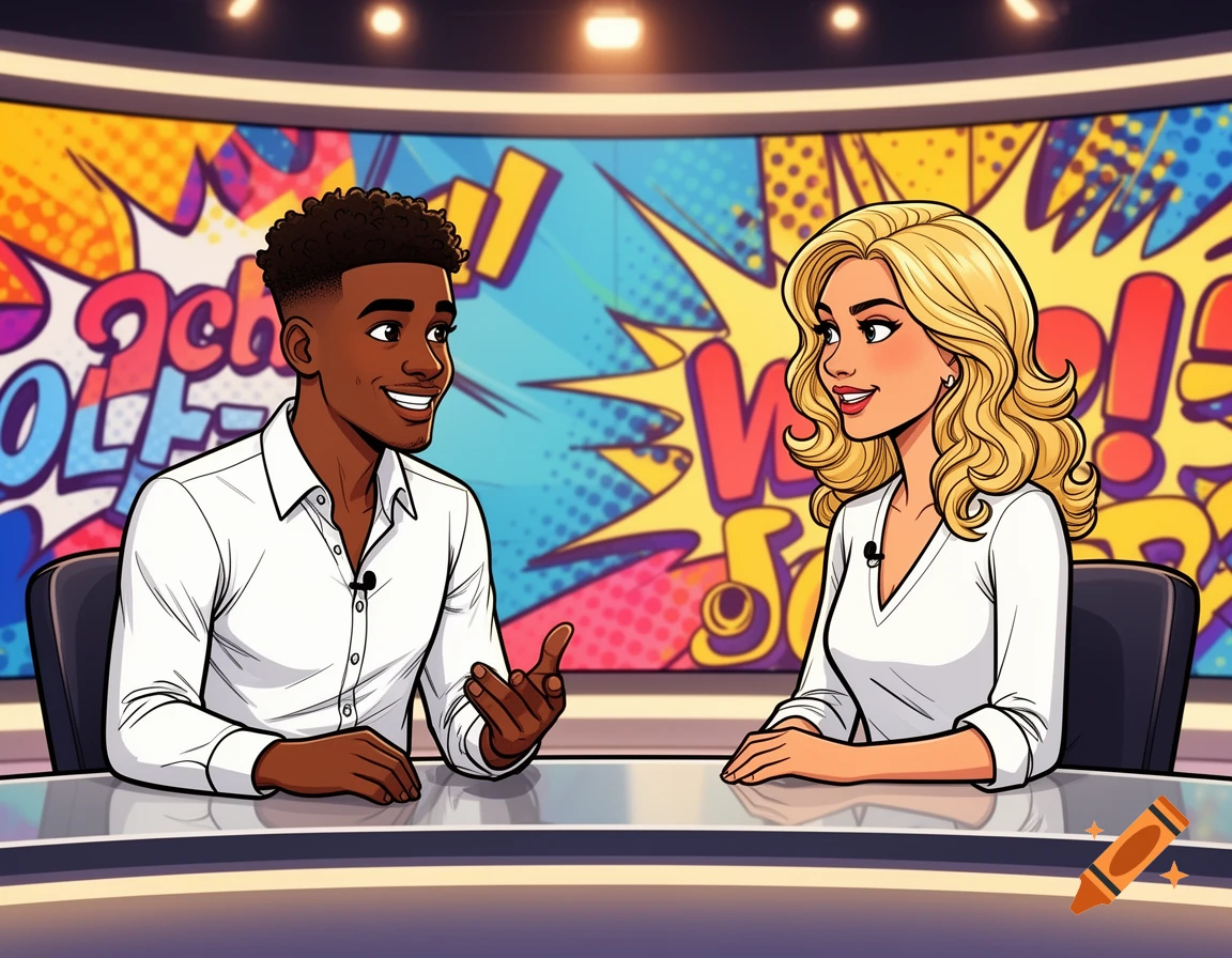 Cartoon of a smiling dark-skinned man and a blonde woman sitting at a news desk with a colorful pop art background.