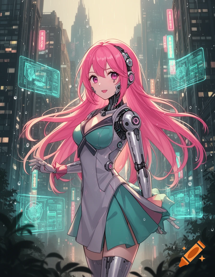 An anime-style cyborg girl with long pink hair and headphones smiles in a rainy, futuristic cityscape with holographic interfaces.