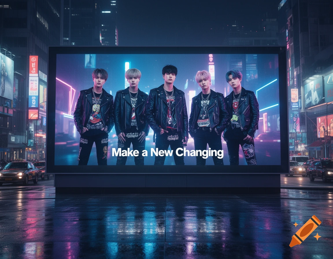 A K-pop boy band on a large billboard in a neon-lit city at night, with reflections on the wet street.