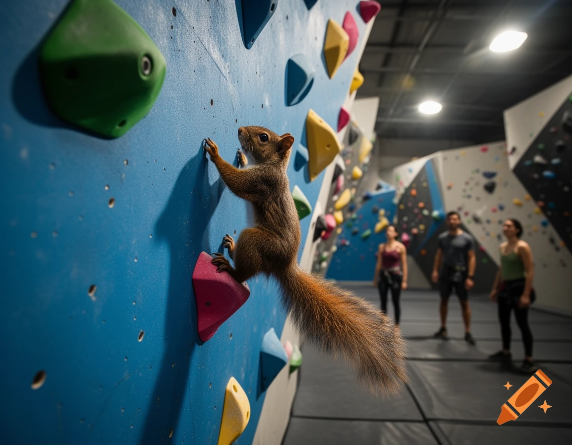 A photorealistic squirrel climbs a blue bouldering wall with colorful holds in an indoor climbing gym, with blurred people in the background.