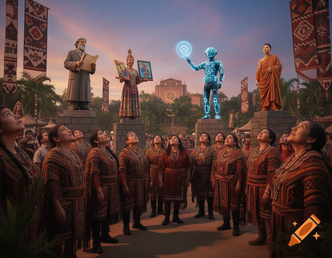 People in indigenous attire gaze up at statues of a man with a scroll, a woman with paintings, a glowing robot, and a monk at dusk.