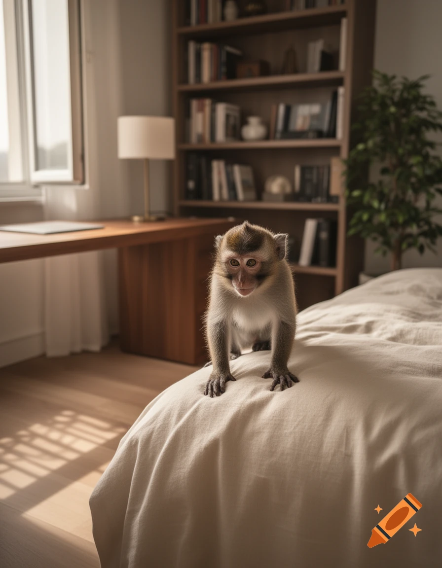 A small monkey on a rumpled bed in a sunlit room with a desk and a bookshelf, photorealistic.