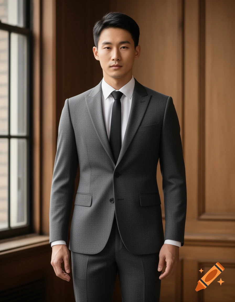 A young Asian man in a dark grey suit, white shirt, and black tie stands formally indoors by a window with wooden paneling.