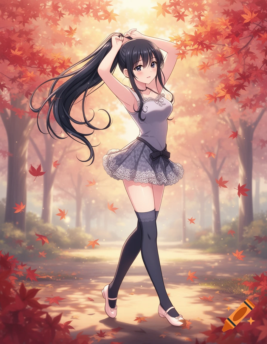 Anime girl with long black hair tying a ponytail in an autumn forest with red maple leaves, wearing a grey top and lacy skirt.
