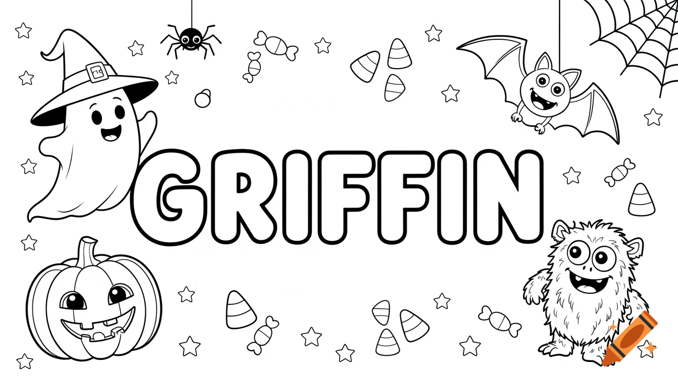 Black and white Halloween coloring page with cartoon ghost, pumpkin, bat, fuzzy monster, spider, candy, and the name GRIFFIN.