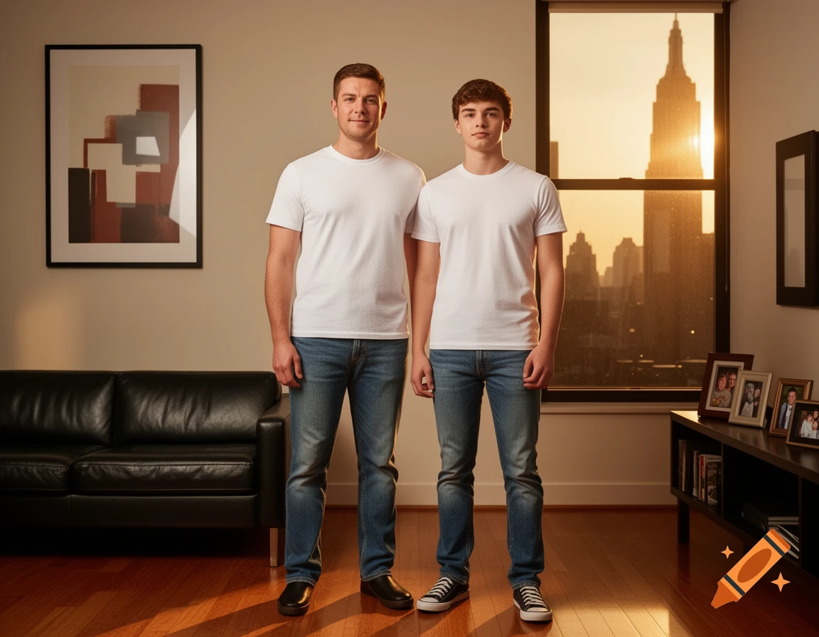 Two men in white t-shirts and jeans stand side-by-side in a modern apartment with a city skyline at sunset visible through a large window.