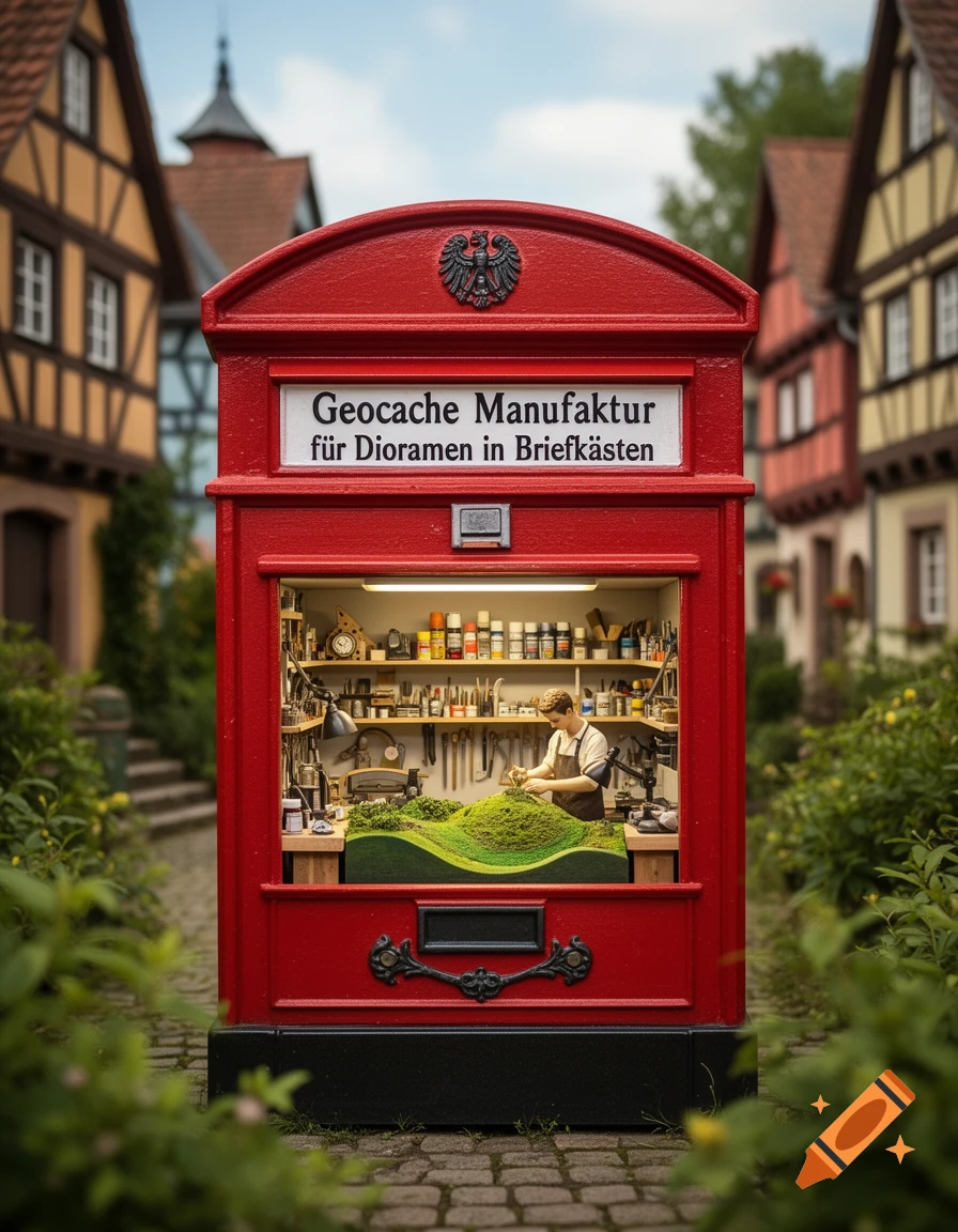 A red, mailbox-shaped container houses a miniature workshop with a person crafting a green landscape diorama. Text: "Geocache Manufaktur". Photorealistic.
