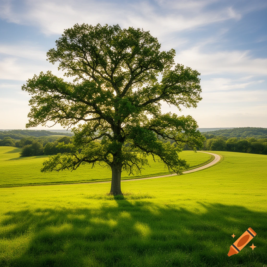 A large green tree stands in a vibrant field under a partly cloudy sky, with a winding dirt path in the background.