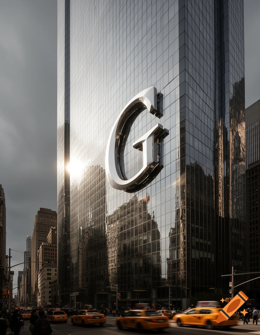 A large, metallic 'G' emblem on a modern glass skyscraper, overlooking a busy city street with yellow taxis, in a photorealistic style.