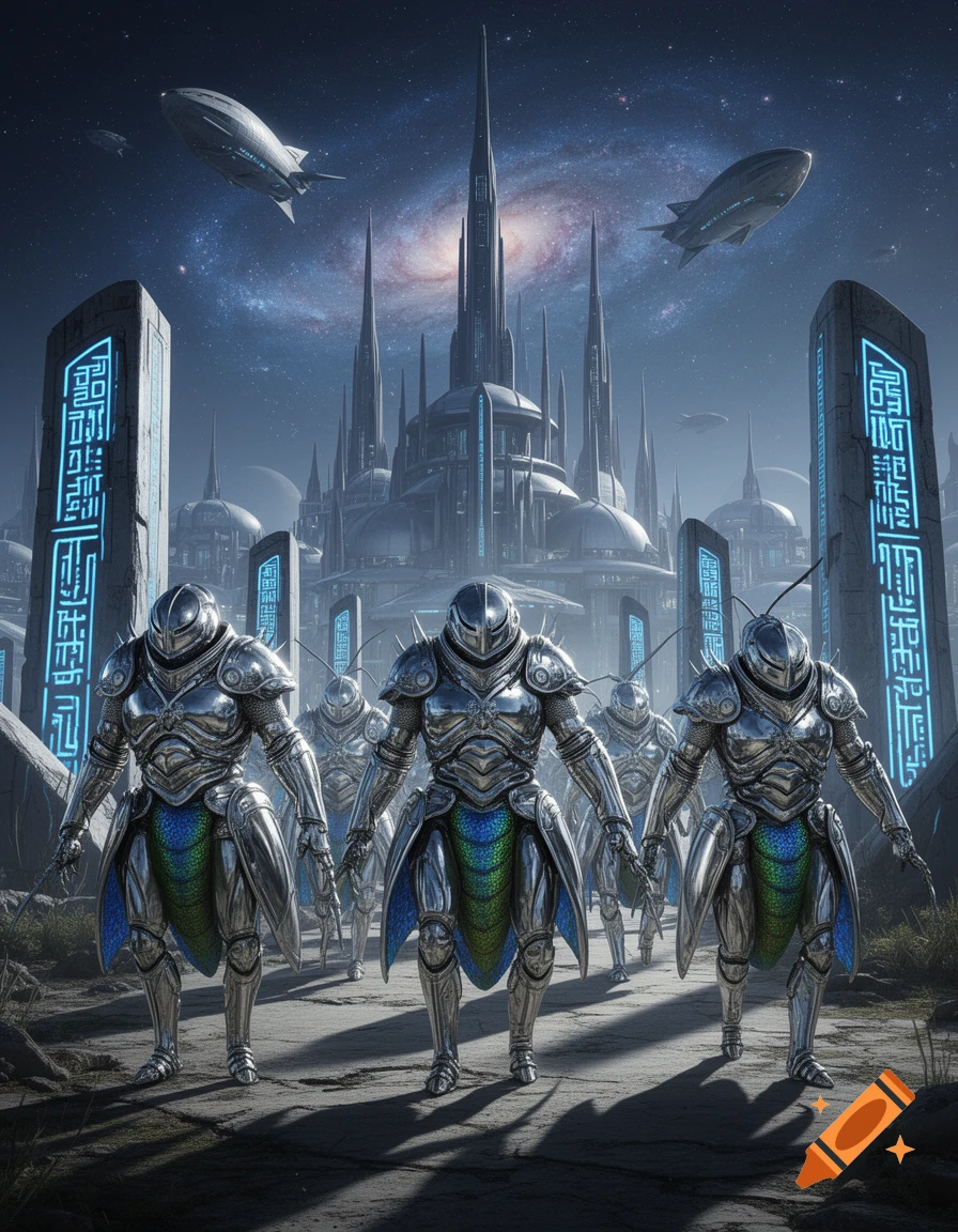 Futuristic insectoid knights in shining armor with green and blue undercarriages march from a detailed sci-fi city with tall spires and glowing blue symbols under a starry galaxy sky, with blimp-like spaceships flying above.