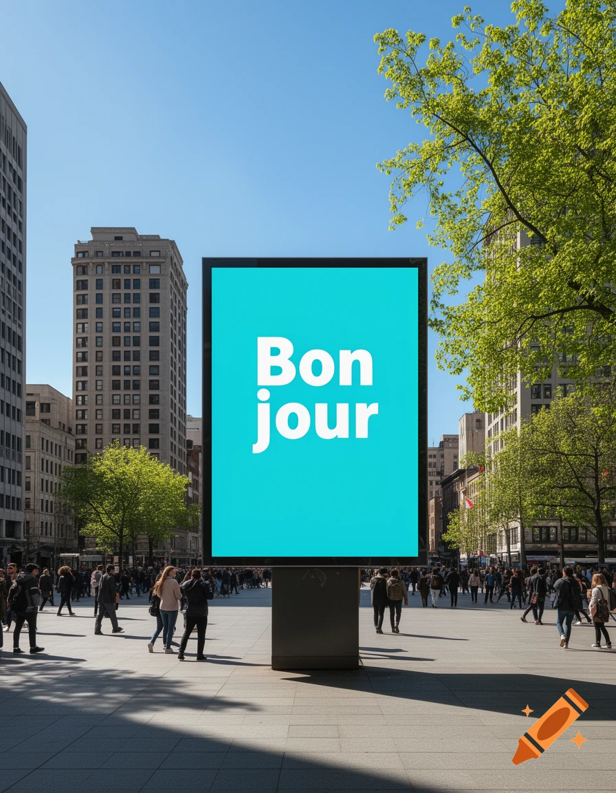 Photorealistic image of a bustling city square with a large teal billboard displaying 'Bonjour' in white text, surrounded by tall buildings and trees.