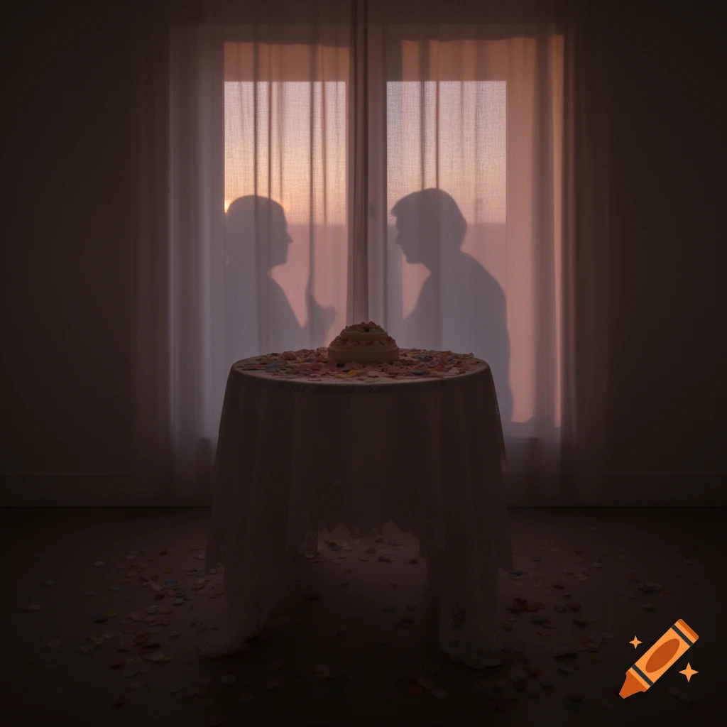 A photorealistic image of a table with a cake and confetti, with silhouettes of two people through a window at dawn.