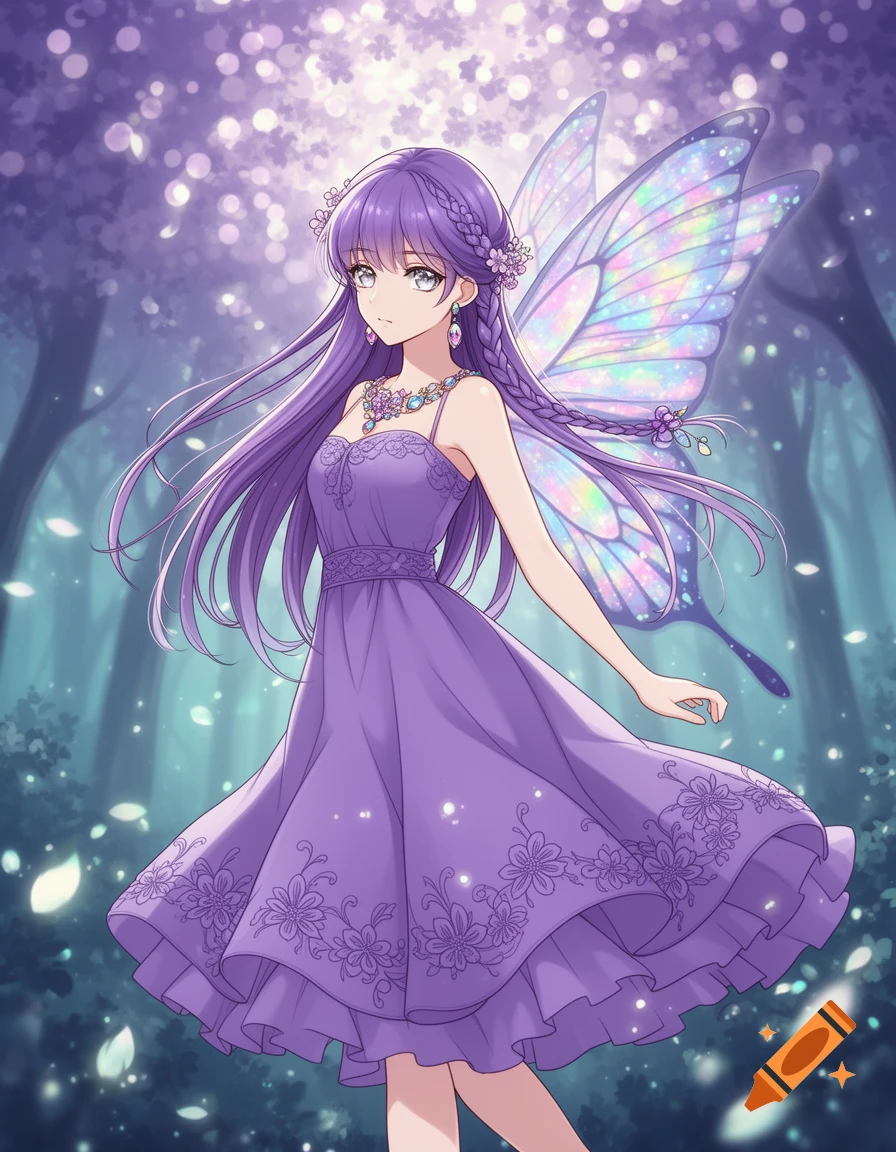An anime fairy with long purple hair, silver eyes, a purple dress with flower embroidery, and iridescent butterfly wings stands in an enchanted forest.