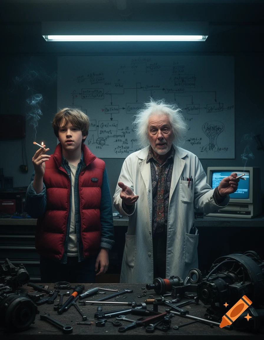 Marty McFly and Doc Brown smoking cigarettes in a dark, cluttered workshop, surrounded by tools and machinery.