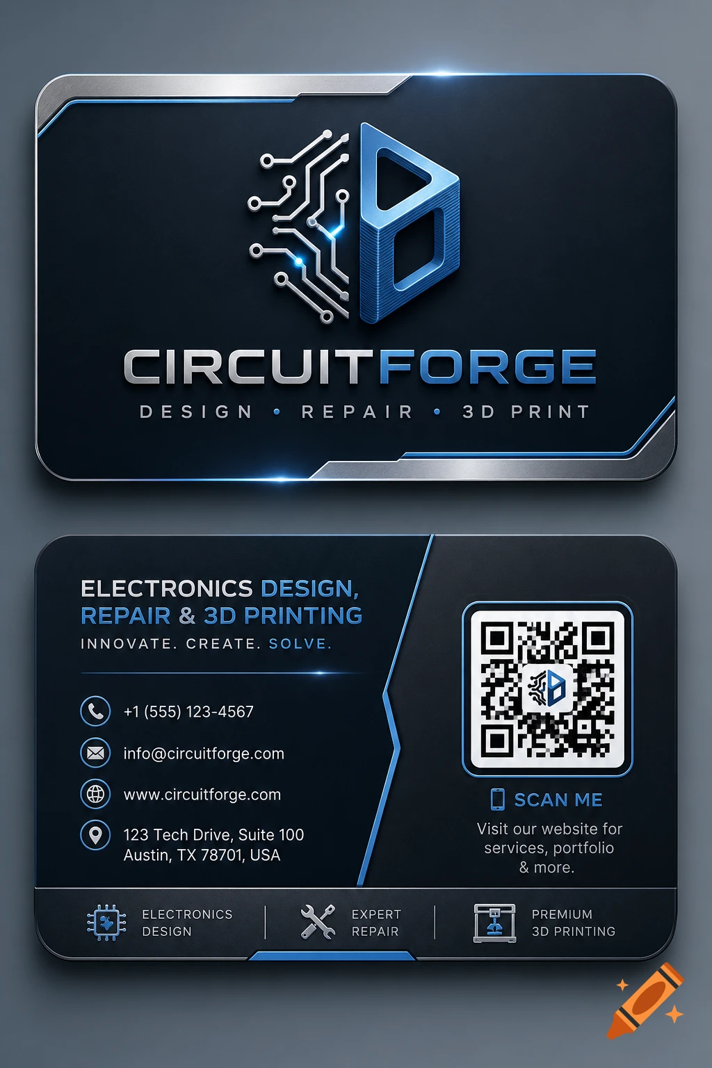 A sleek business card for "CircuitForge" with a blue 3D play button and circuit board logo, contact details, and services.